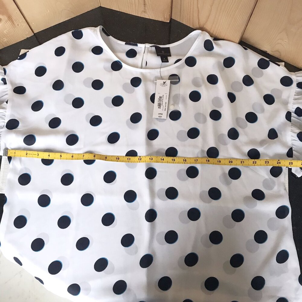 Worthington Flutter Cap Sleeve Round Neck Navy Polka Dot Blouse, Size L - Picture 10 of 15